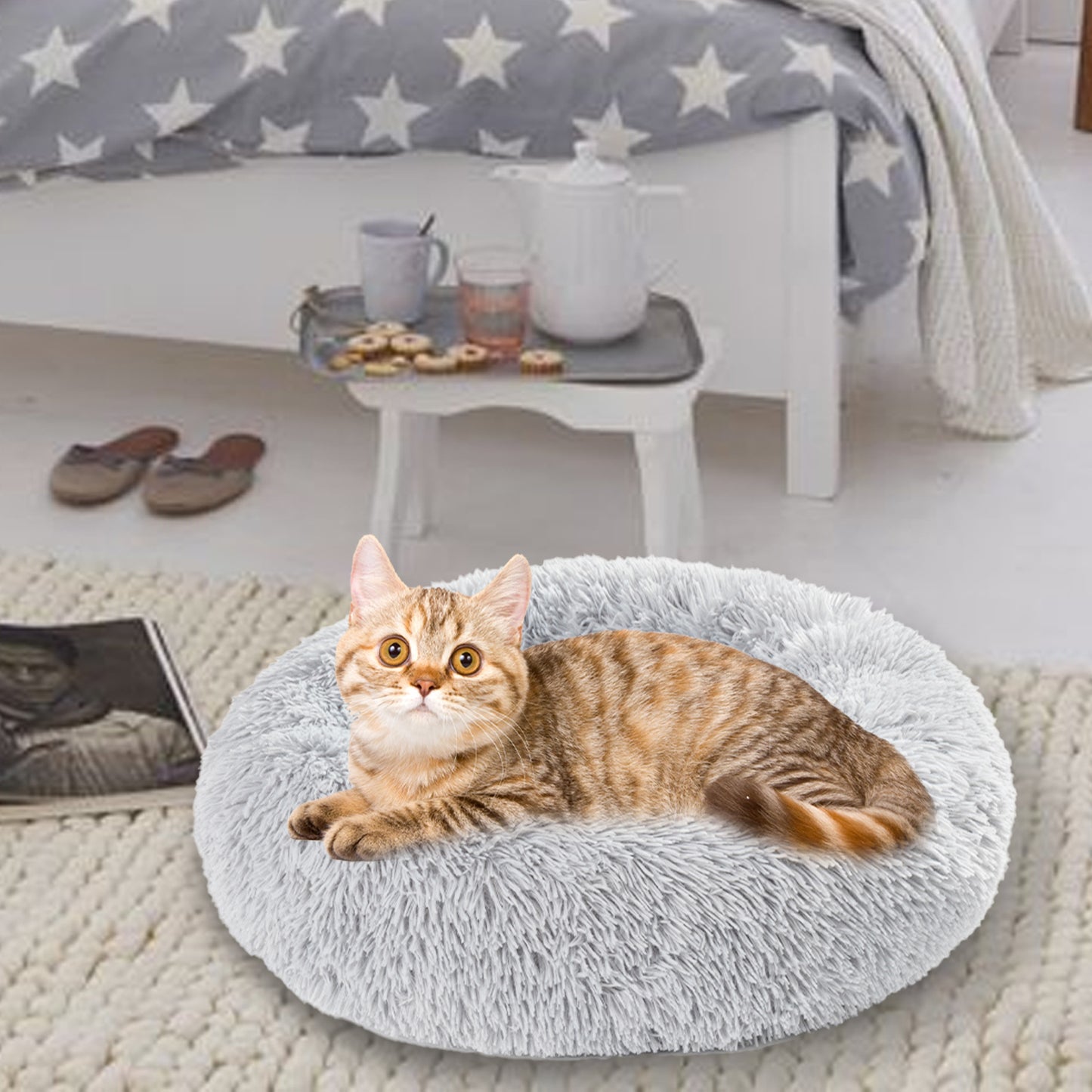 Fluffy Donut Dog Bed  Warm Soft Long Plush Pet Cushion Dog House Cat  Bed Washable Pet Sofa Mat Calming Samll Large Dog Beds